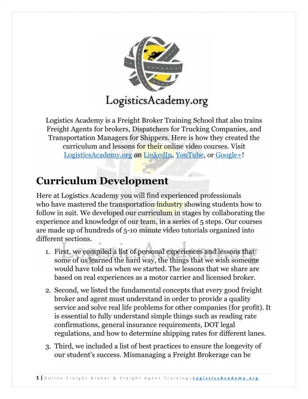 LogisticsAcademy.org Freight Broker Training School Curriculum Development