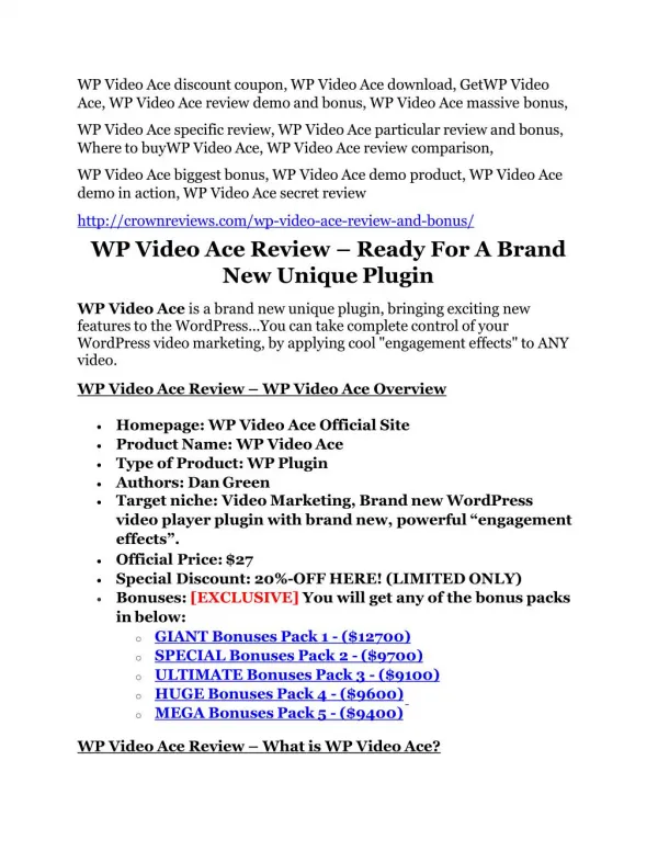 WP Video Ace Review and $30000 Bonus - WP Video Ace 80% DISCOUNT