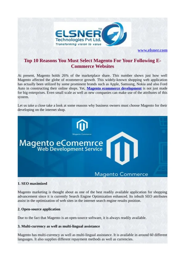 Top 10 Reasons You Must Select Magento For Your Following E-Commerce Websites