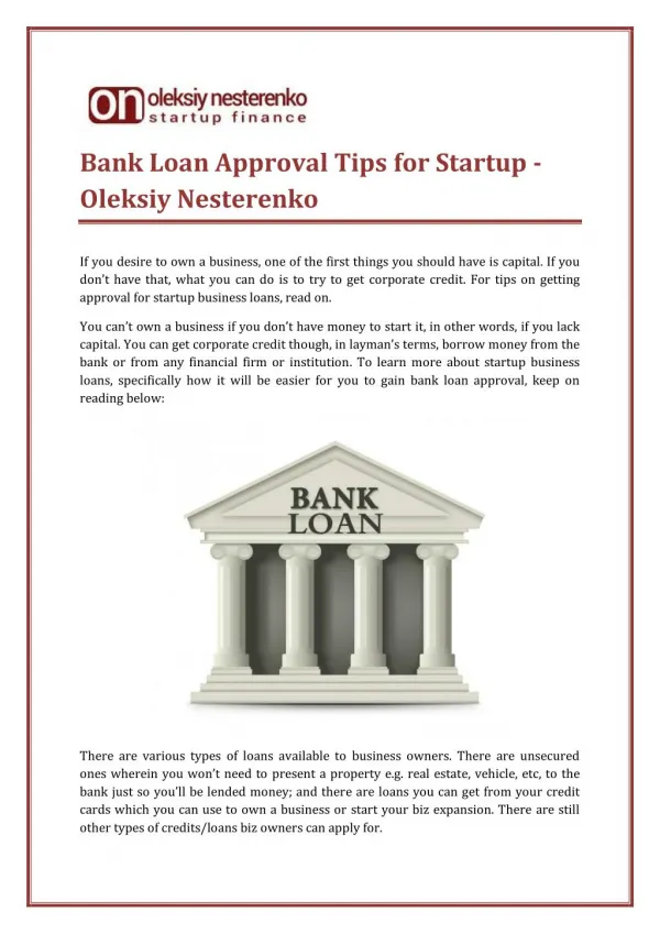 Bank Loan Approval Tips for Startup - Oleksiy Nesterenko