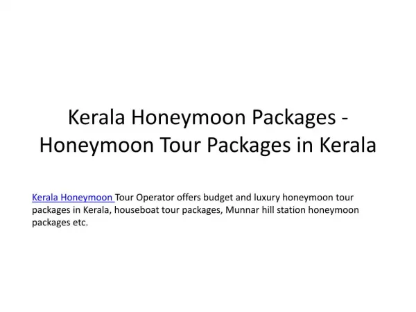 Kerala Honeymoon Packages - Honeymoon Tour Packages in Kerala