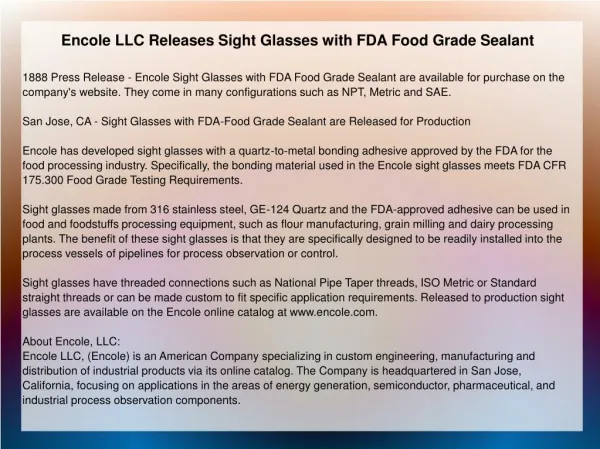 Encole LLC Releases Sight Glasses with FDA Food Grade Sealant