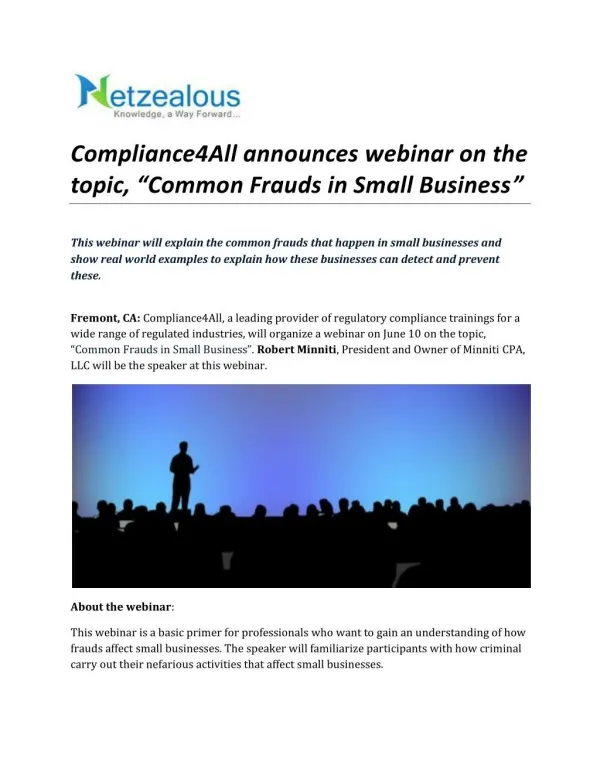 Compliance4All announces webinar on the topic, “Common Frauds in Small Business”