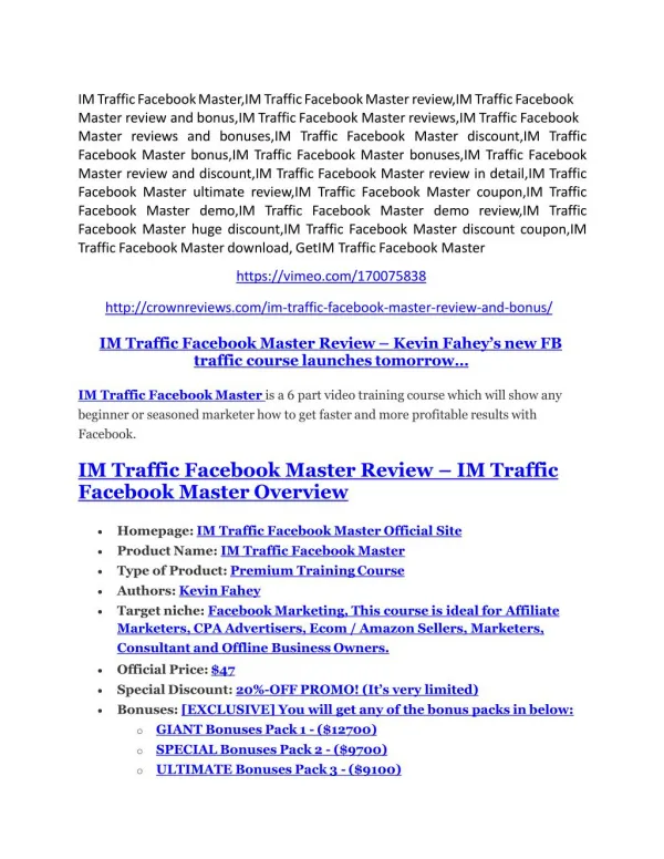 IM Traffic Facebook Master review and (MEGA) bonuses – IM Traffic Facebook Master