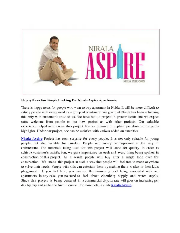 Happy News For People Looking For Nirala Aspire Apartments