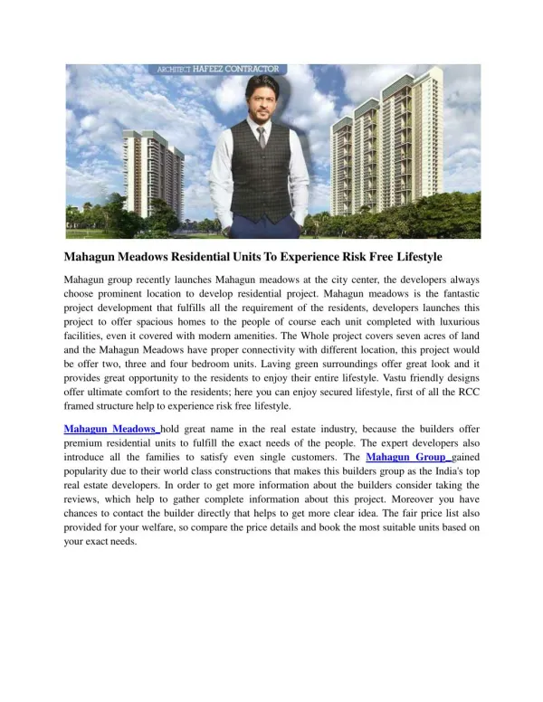 Mahagun Meadows Residential Units to Experience Risk Free Lifestyle