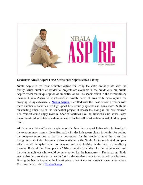 Luxurious Nirala Aspire For A Stress Free Sophisticated Living