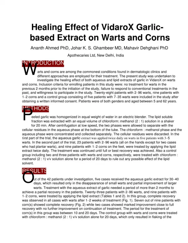 Healing Effect of VidaroX Garlic-based Extract on Warts and Corns