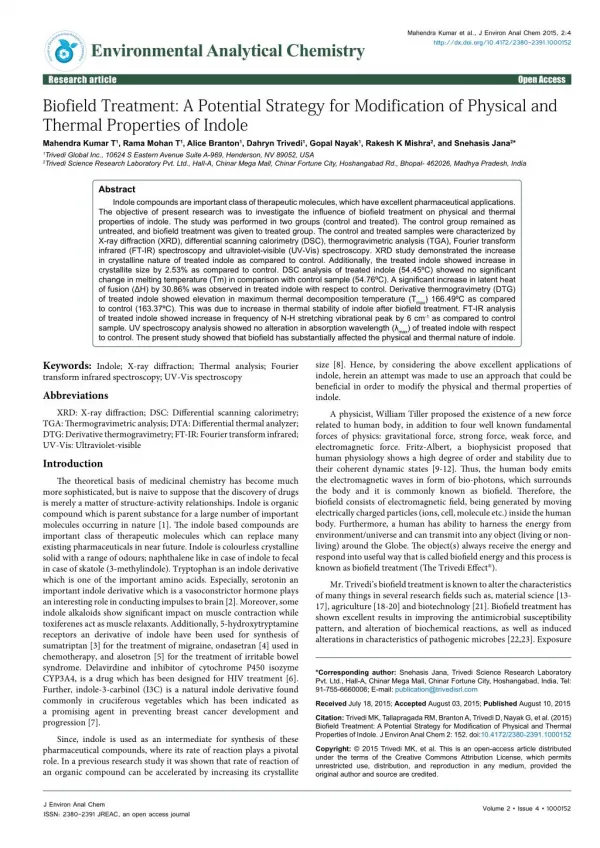 Properties of Indole after Biofield Energy Treatment