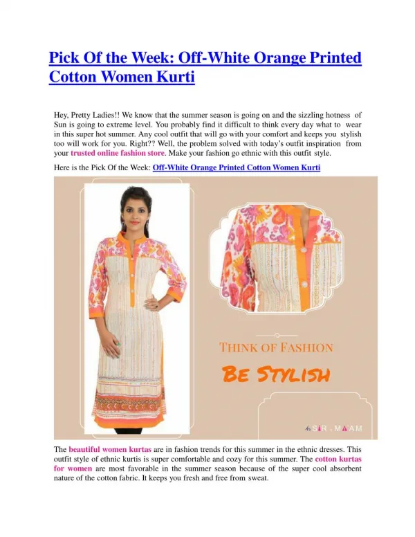 Pick Of the Week: Off-White Orange Printed Cotton Women Kurti