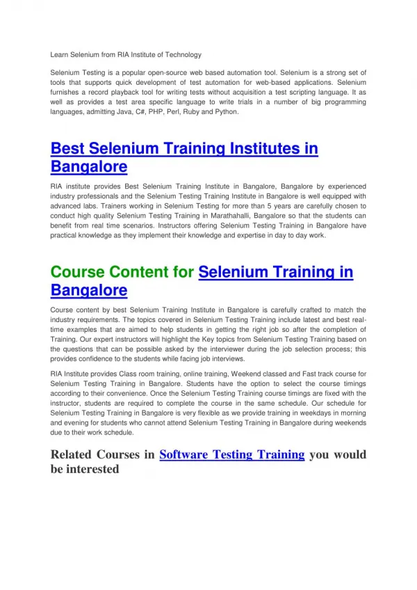 Selenium Training Institutes in Bangalore
