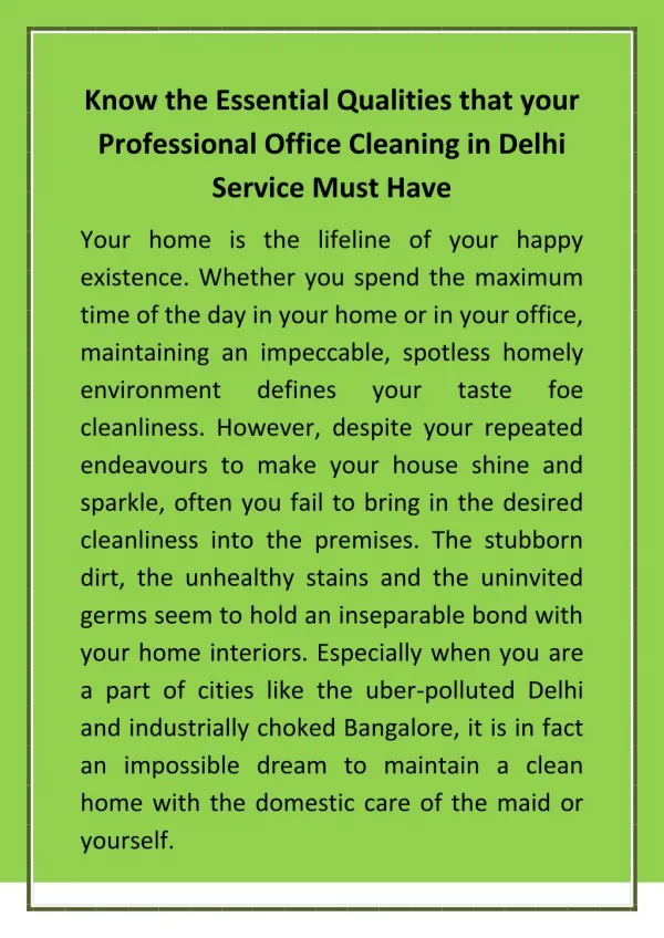 Know the Essential Qualities that your Professional Office Cleaning in Delhi Service Must Have