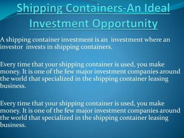 Shipping Containers-An Ideal Investment Opportunity