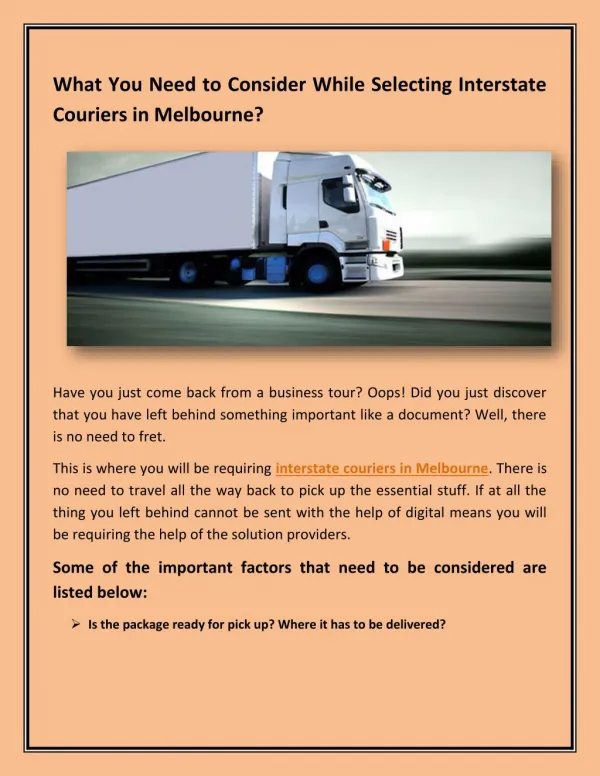 What You Need to Consider While Selecting Interstate Couriers in Melbourne?