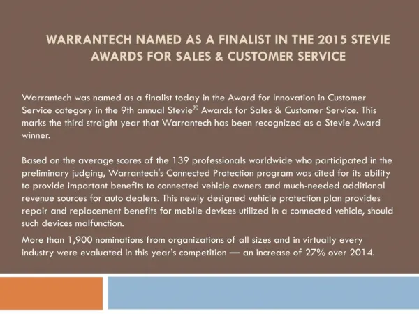 Warrantech Named As A Finalist In The 2015 Stevie Awards For Sales & Customer Service