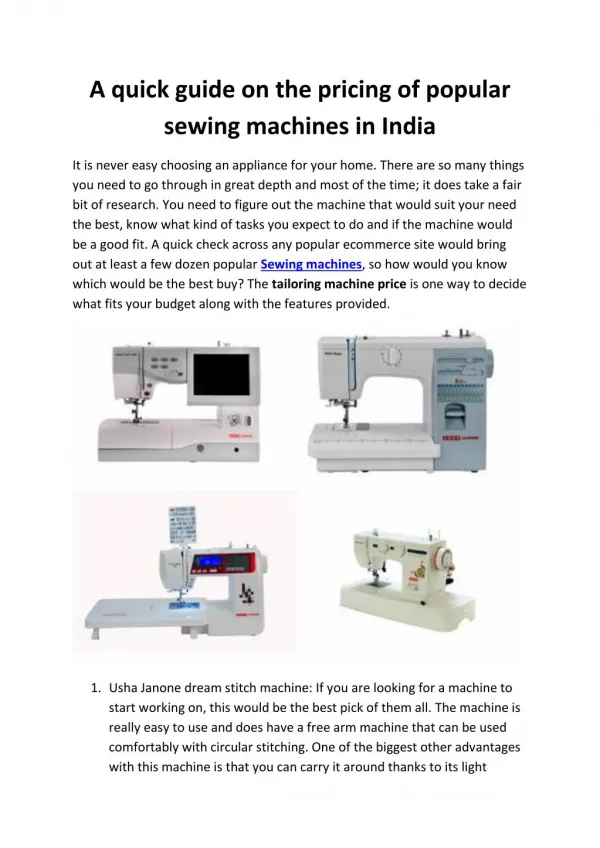 A quick guide on the pricing of popular sewing machines in India