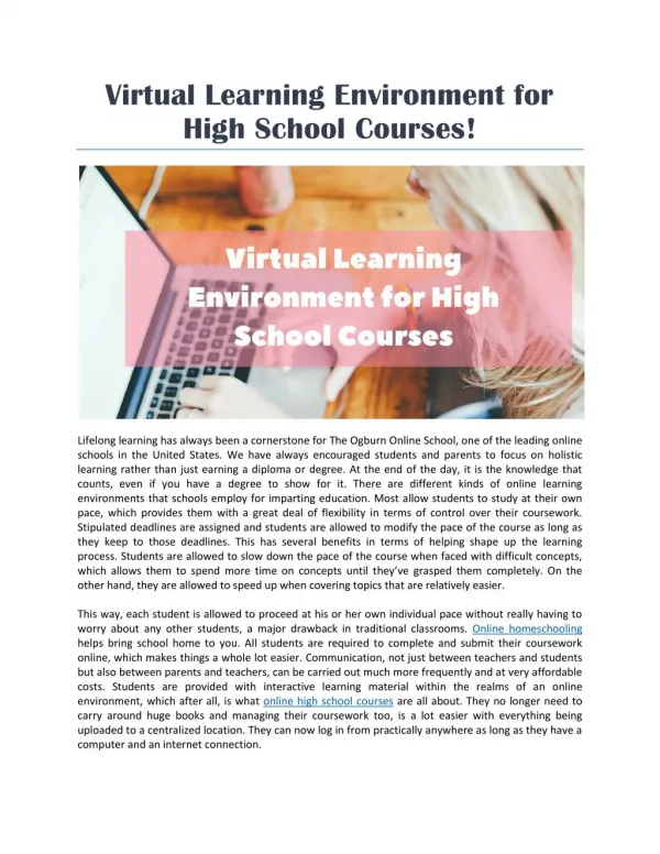 Virtual Learning Environment for High School Courses!