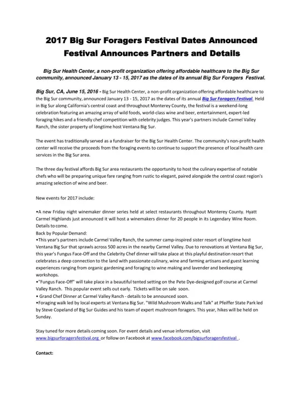 2017 Big Sur Foragers Festival Dates Announced Festival Announces Partners and Details