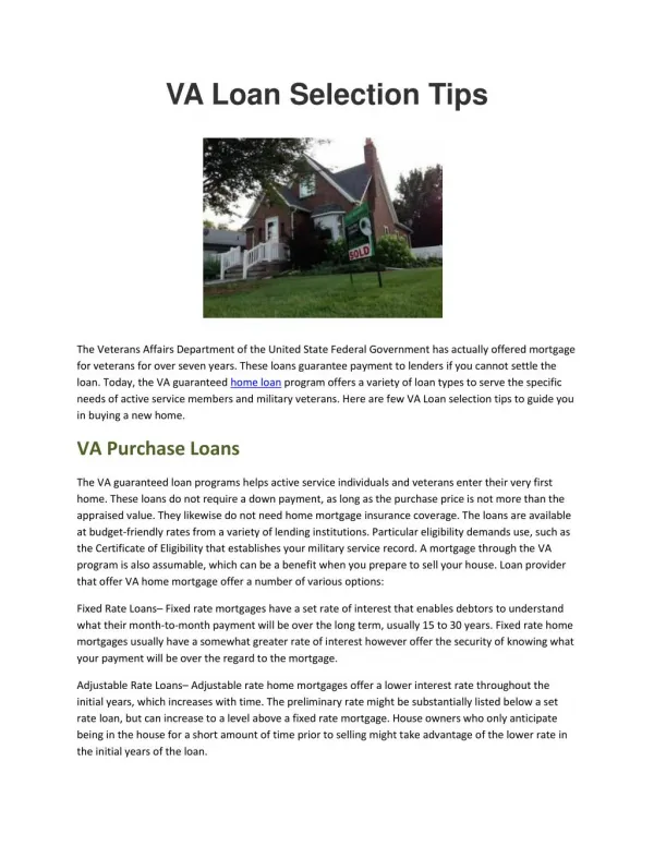 VA Loan Selection Tips