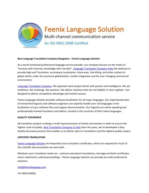 Best Language Translation Company Bangalore - Feenix Language Solution