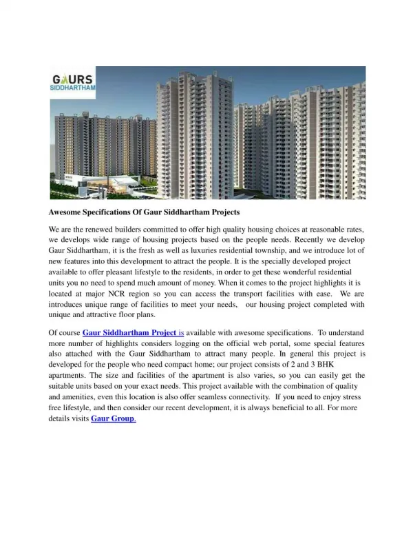 Awesome Specifications Of Gaur Siddhartham Projects