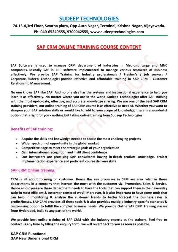 SAP CRM Online Training in Hyderabad|USA|UK|