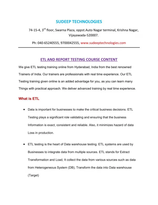 Etl testing training from INDIA|USA|UK.