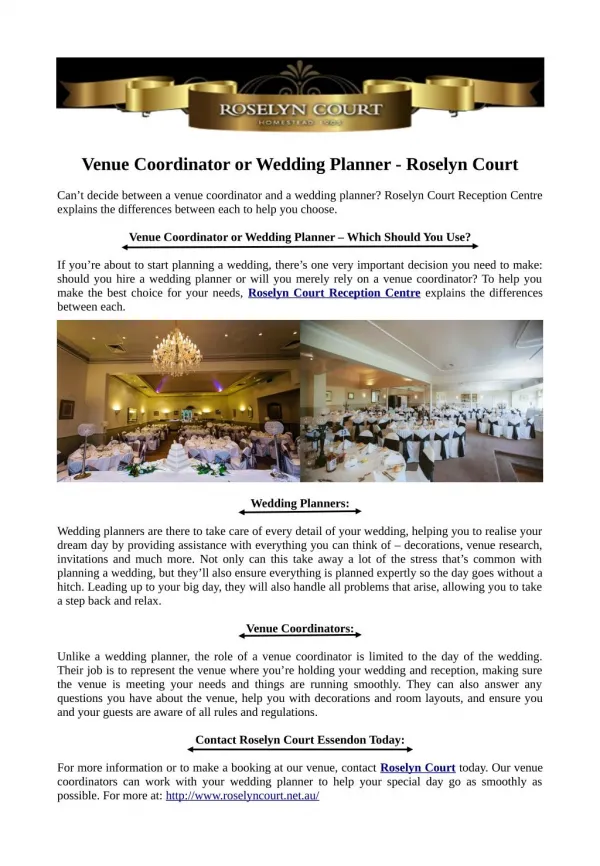 Venue Coordinator or Wedding Planner - Roselyn Court