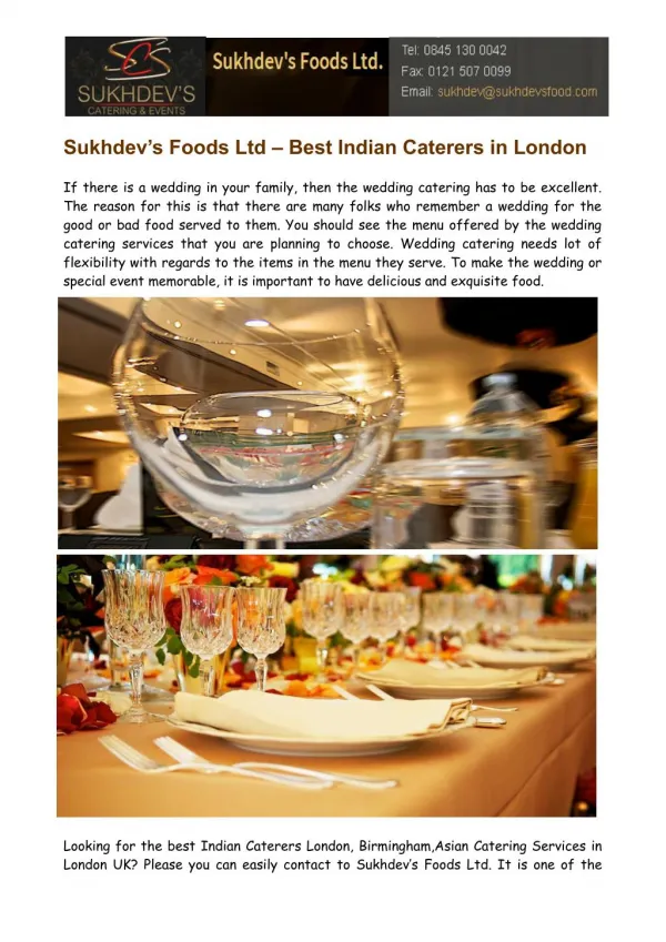 Indian Caterers in London Birmingham - Sukhdev's Foods Ltd