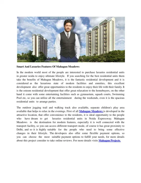 Smart And Luxuries Features Of Mahagun Meadows