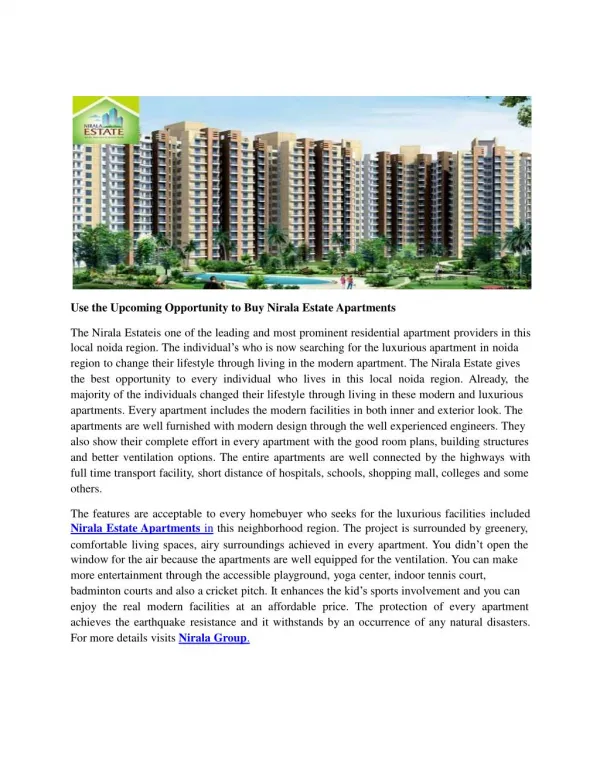 Use the Upcoming Opportunity to Buy Nirala Estate Apartments