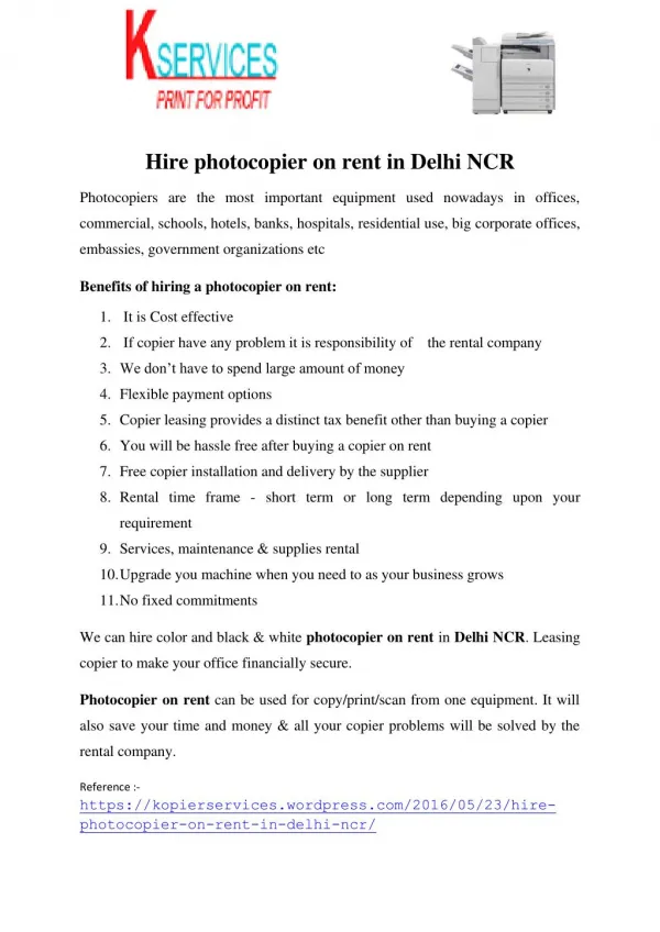 Hire photocopier on rent in Delhi NCR