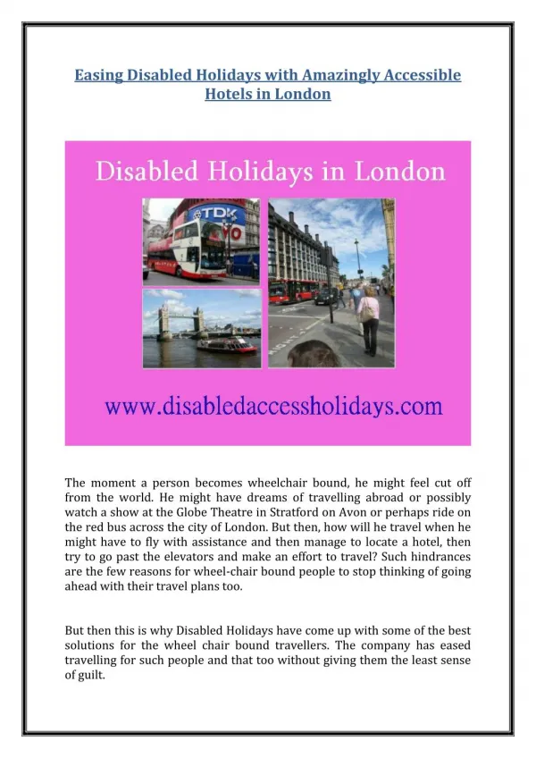 Easing Disabled Holidays with Amazingly Accessible Hotels in London