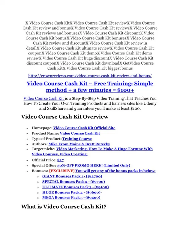 Video Course Cash Kit review and (FREE) $12,700 bonus-- Video Course Cash Kit Discount