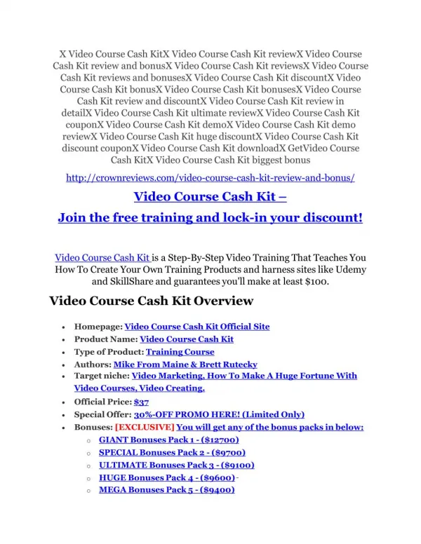 Video Course Cash Kit review & huge 100 bonus items