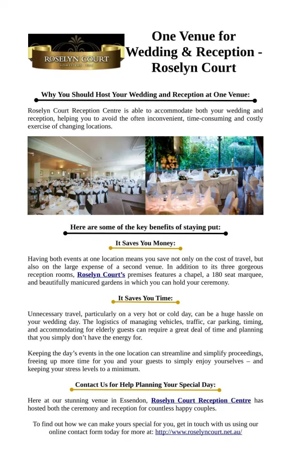 One Venue for Wedding & Reception - Roselyn Court