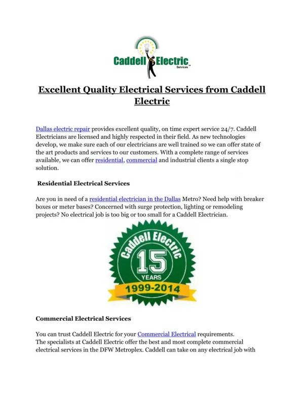 Excellent Quality Electrical Services from Caddell Electric