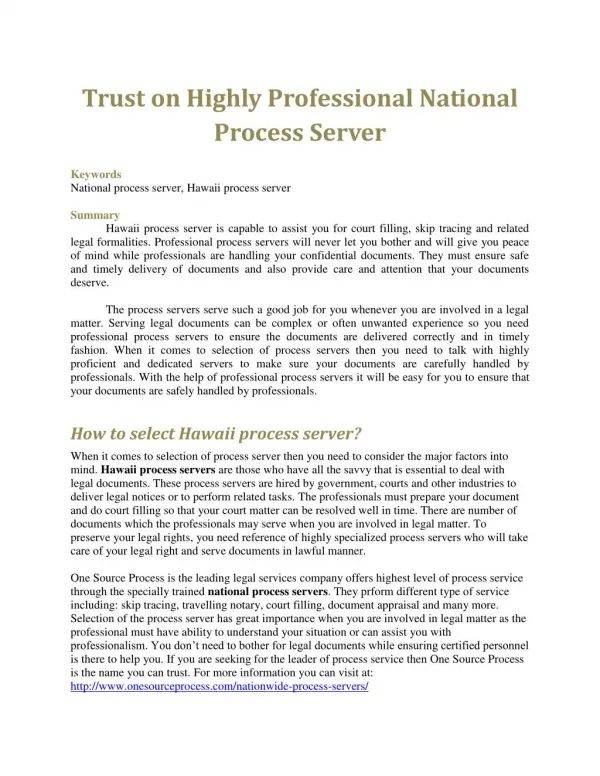 Trust on Highly Professional National Process Server