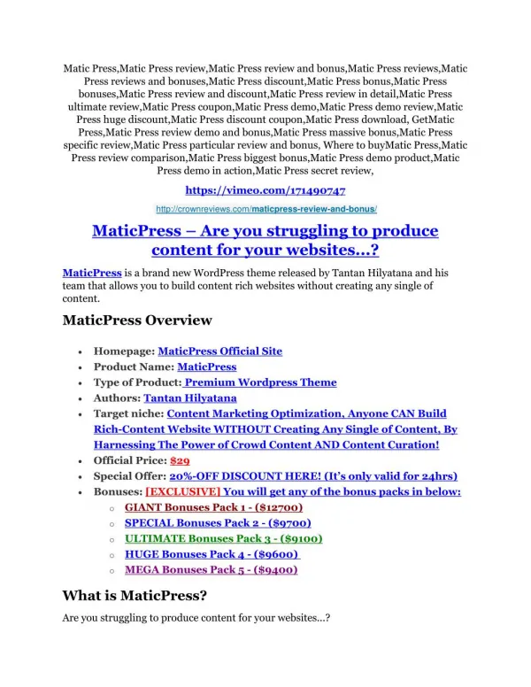 Matic Press review- Matic Press (MEGA) $21,400 bonus