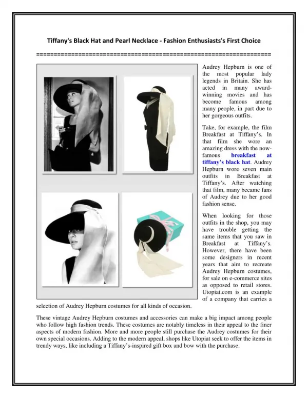Tiffany's Black Hat and Pearl Necklace - Fashion Enthusiasts's First Choice