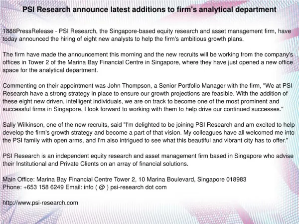 PSI Research announce latest additions to firm's analytical department