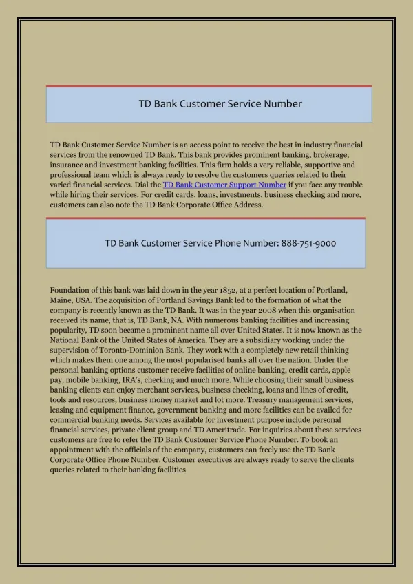 TD Bank Customer Care Number