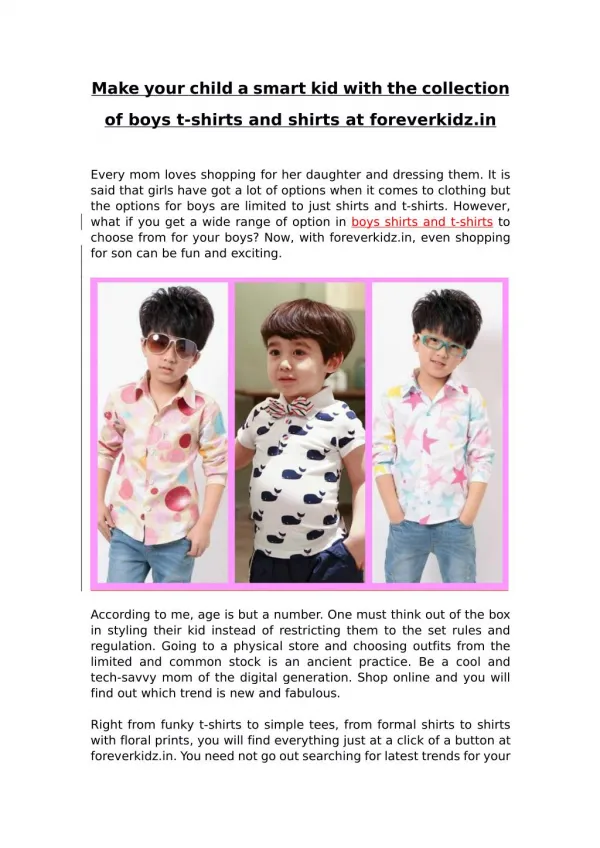 Make your Child a Smart Kid with the Collection of Boys T-Shirts and Shirts at Foreverkidz.in