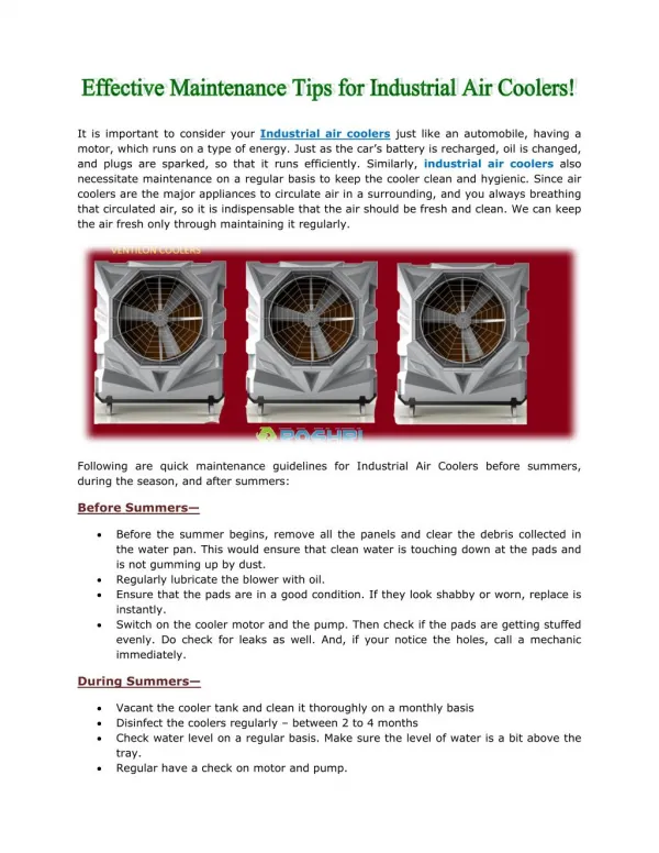 Effective Maintenance Tips for Industrial Air Coolers!