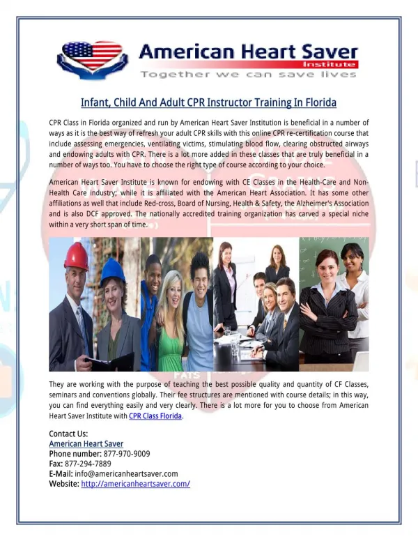 Infant, Child And Adult CPR Instructor Training In Florida