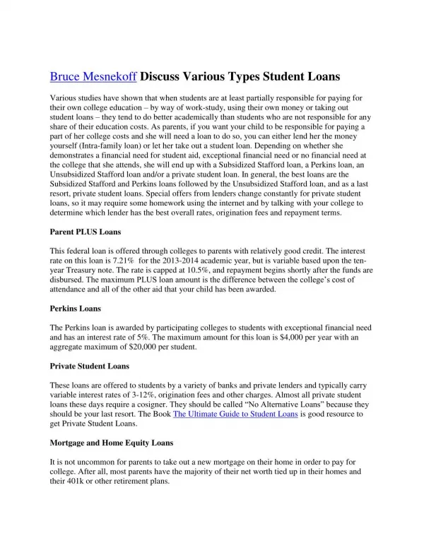 Bruce Mesnekoff Discuss Various Types Student Loans