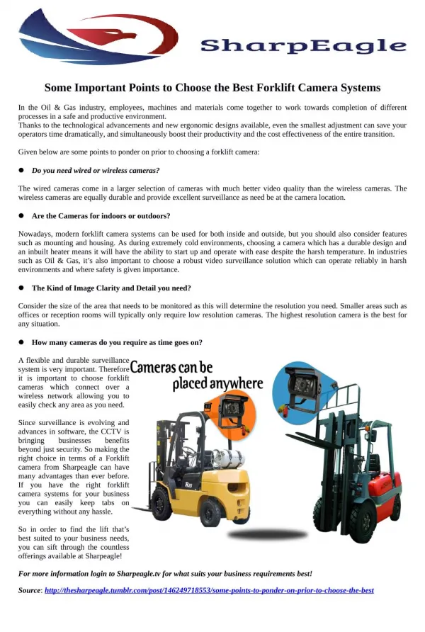 Some Important Points to Choose the Best Forklift Camera Systems