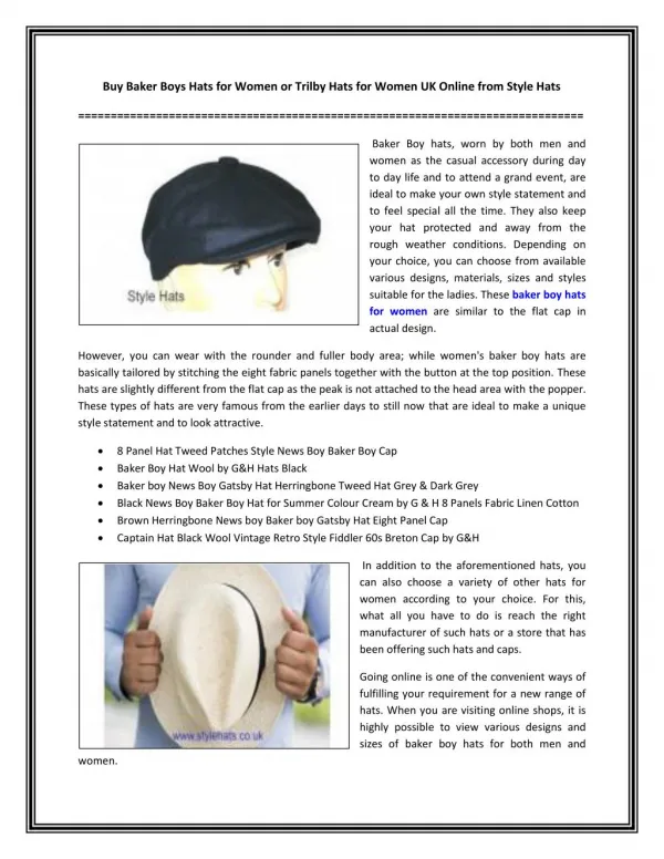 Buy Baker Boys Hats for Women or Trilby Hats for Women UK Online from Style Hats
