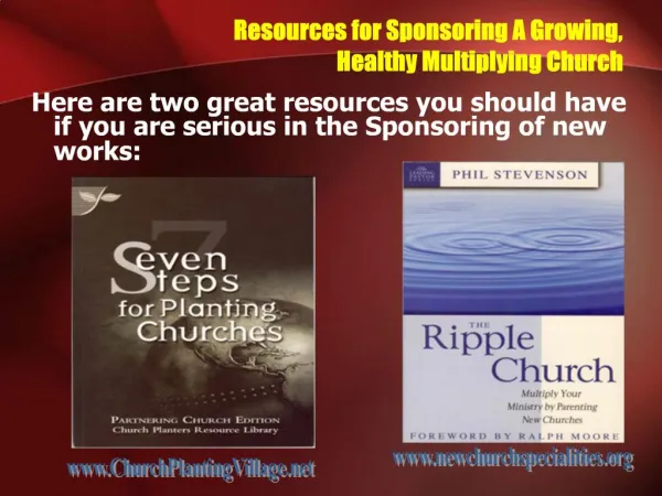 Resources for Sponsoring A Growing, Healthy Multiplying Church