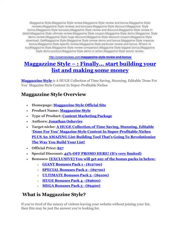 Maggazzine Style review and MEGA $38,000 Bonus - 80% Discount
